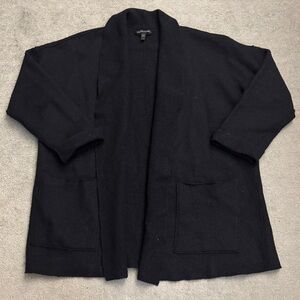 Eileen Fisher Open Front 100% Wool Cardigan w/ Pockets Black